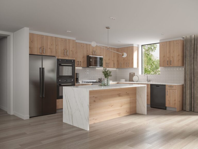 Modern wood Kitchen Cabinets Markham design with a white waterfall island, black appliances, and bright natural light in a spacious contemporary kitchen.