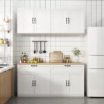 White shaker RTA kitchen cabinets with black handles and wood countertop