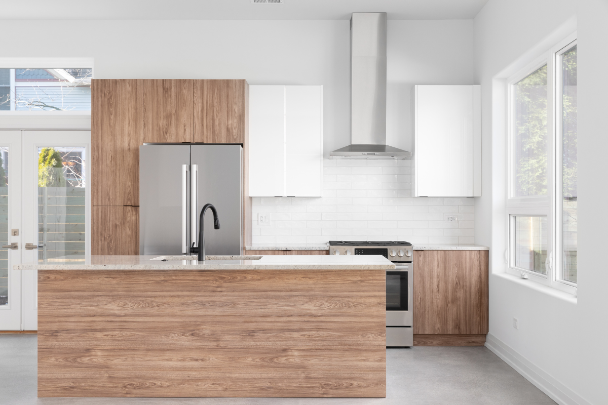 Premium RTA kitchen cabinets in a modern white and wood kitchen design