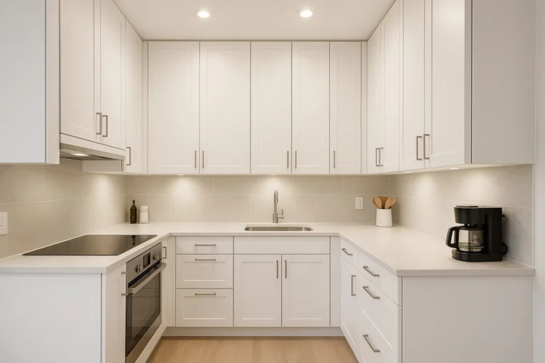 Modern white Kitchen Cabinets Vaughan design in a compact U-shaped kitchen with shaker-style doors, quartz countertops, under-cabinet lighting, and smart storage layout.
