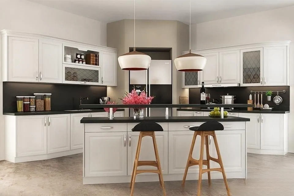 Modern white Kitchen Cabinets Richmond Hill with black countertops, glass-front upper cabinets, a central island, pendant lights, and wooden bar stools in a bright luxury kitchen.