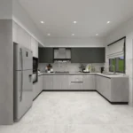 Modern minimalist kitchen with grey cabinets, L-shaped layout, built-in oven and stainless steel refrigerator