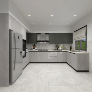 Modern minimalist kitchen with grey cabinets, L-shaped layout, built-in oven and stainless steel refrigerator