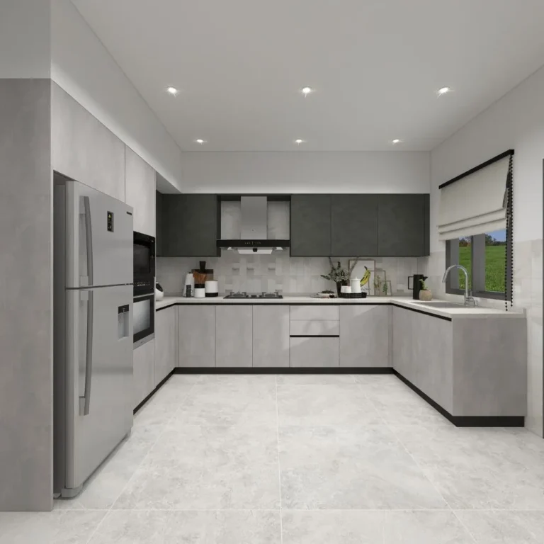 Modern minimalist kitchen with grey cabinets, L-shaped layout, built-in oven and stainless steel refrigerator
