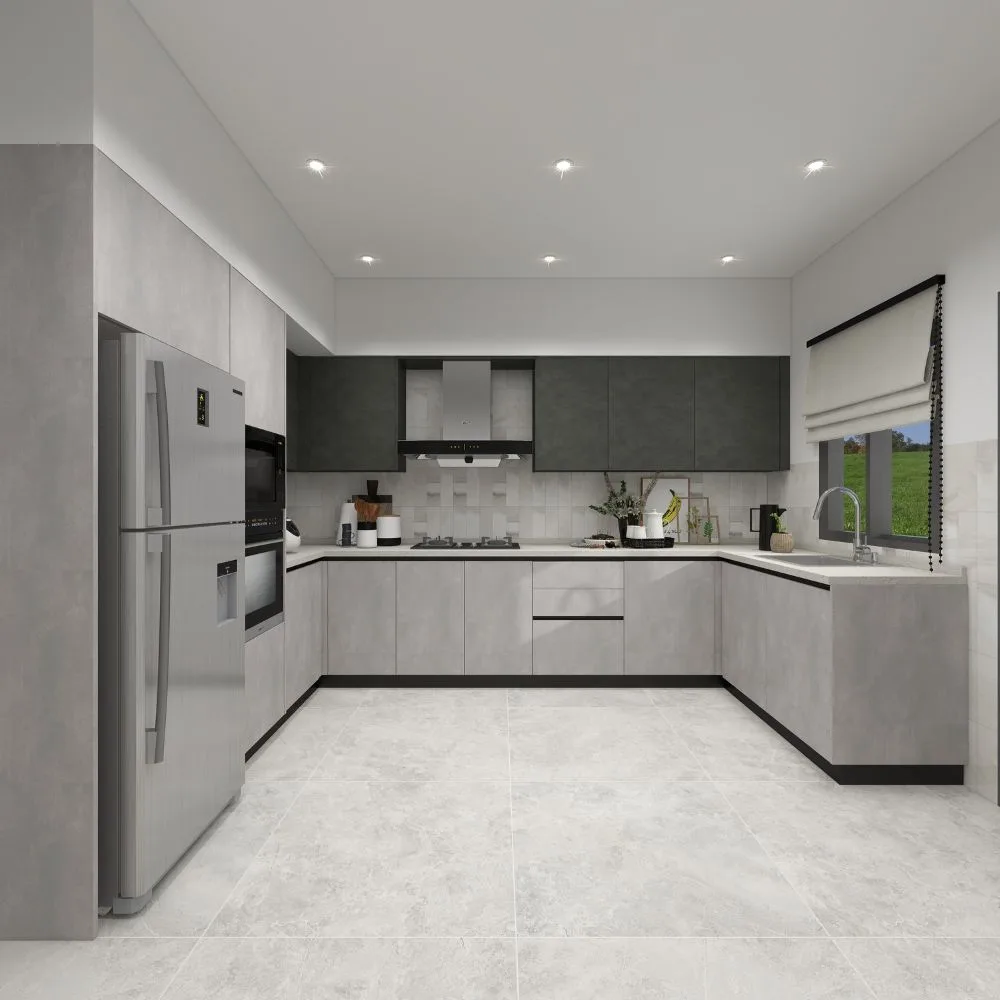 modern minimalist kitchen cabinet design with grey cabinets and L-shaped layout