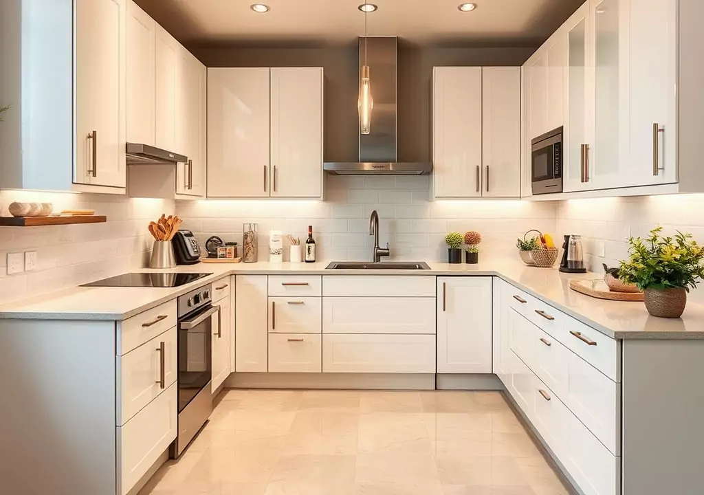 Modern white Kitchen Cabinets Toronto design in a bright U-shaped kitchen with sleek hardware and smart storage