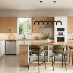 Modern two-tone kitchen cabinets in Mississauga with light oak and white cabinetry, a spacious island, and built-in wall oven.