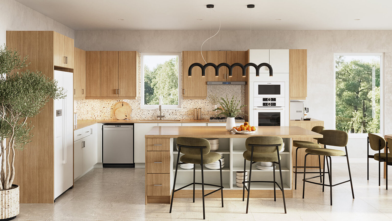 Modern two-tone kitchen cabinets in Mississauga with light oak and white cabinetry, a spacious island, and built-in wall oven.