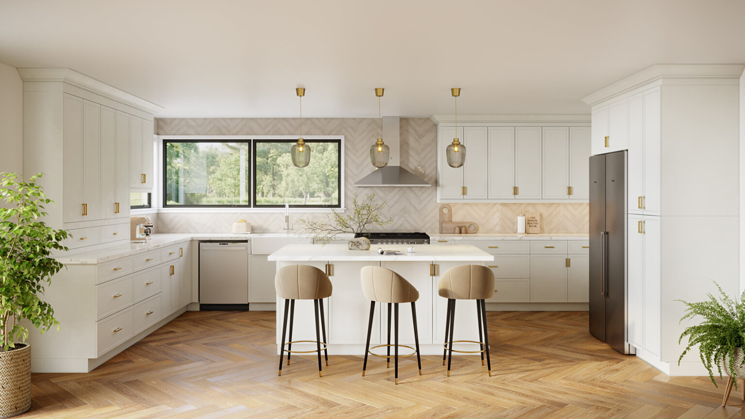 Bright modern kitchen featuring white shaker Kitchen Cabinets Brampton homeowners love, with gold hardware, a large island, pendant lighting, and warm herringbone wood flooring.