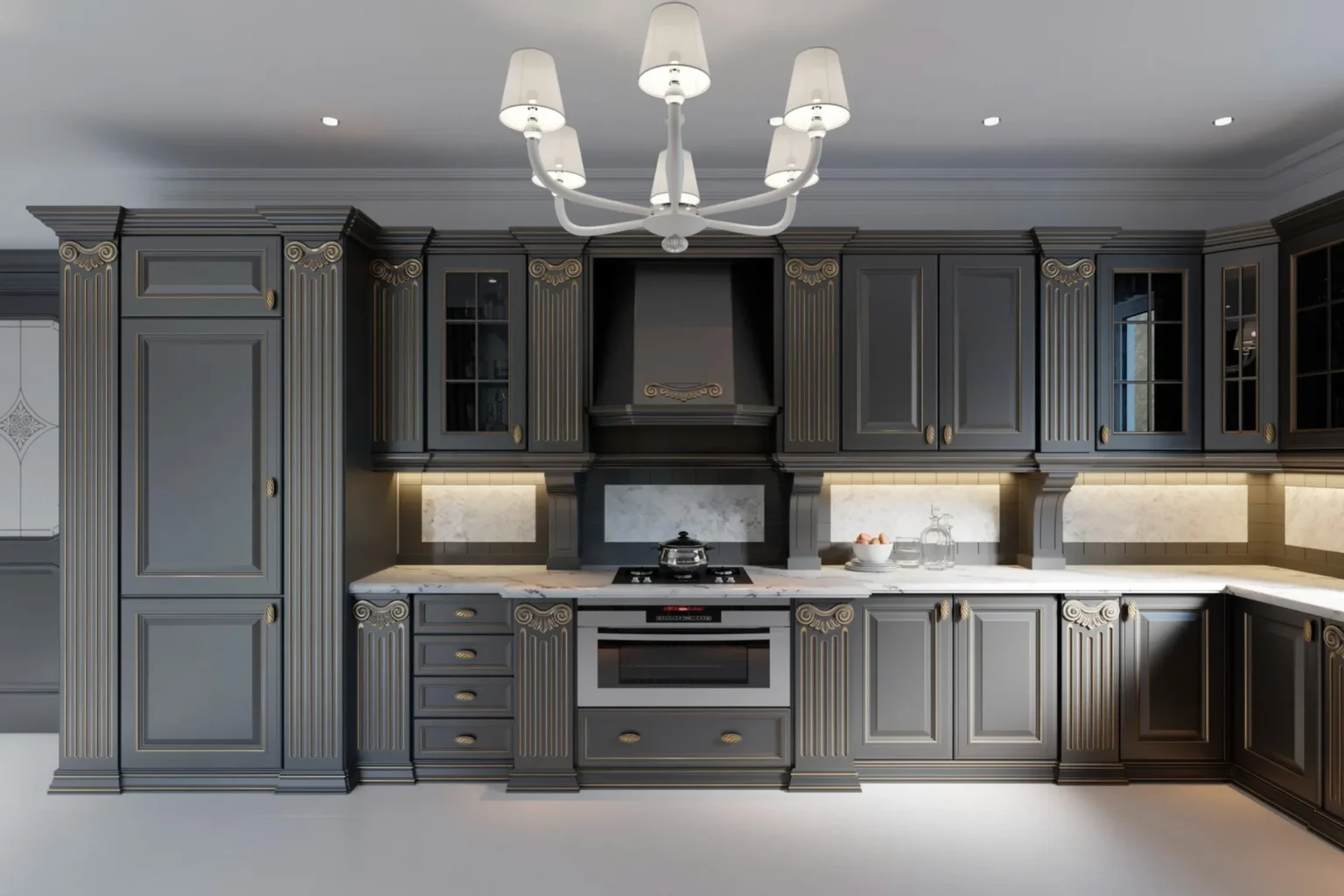 Luxury Kitchen Cabinets Oakville design with dark gray cabinetry, ornate trim, marble countertops, and warm under-cabinet lighting.