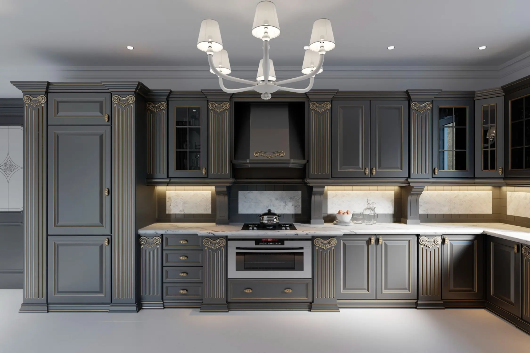 Luxury Kitchen Cabinets Oakville design with dark gray cabinetry, ornate trim, marble countertops, and warm under-cabinet lighting.