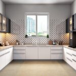 Modern Kitchen Cabinets Vaughan design featuring white base cabinets, dark upper cabinets, patterned backsplash, under-cabinet lighting, and a bright U-shaped layout.