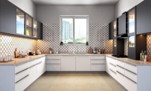 Modern Kitchen Cabinets Vaughan design featuring white base cabinets, dark upper cabinets, patterned backsplash, under-cabinet lighting, and a bright U-shaped layout.