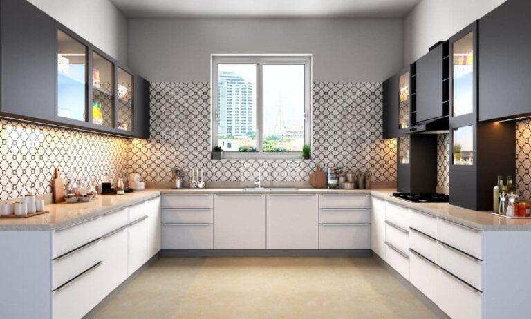 Modern Kitchen Cabinets Vaughan design featuring white base cabinets, dark upper cabinets, patterned backsplash, under-cabinet lighting, and a bright U-shaped layout.