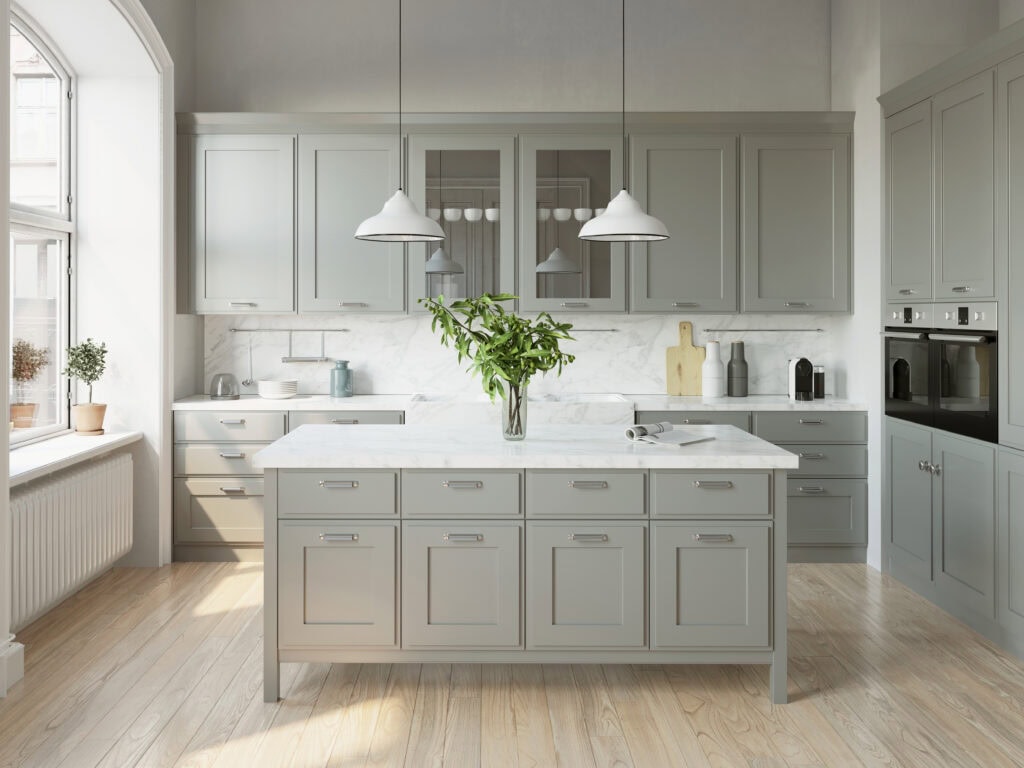 Modern grey Shaker RTA kitchen cabinets with island in Toronto and Mississauga (GTA) home