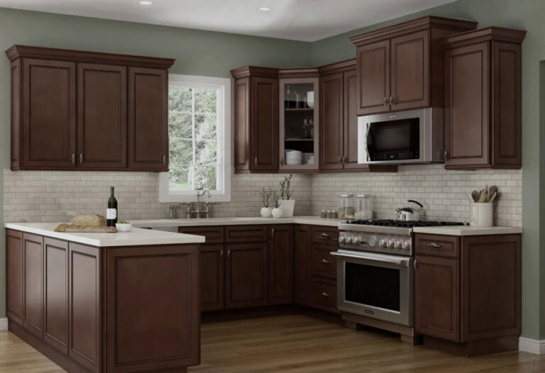 Kitchen Cabinets Mississauga - dark brown shaker kitchen cabinets with island and white subway tile backsplash