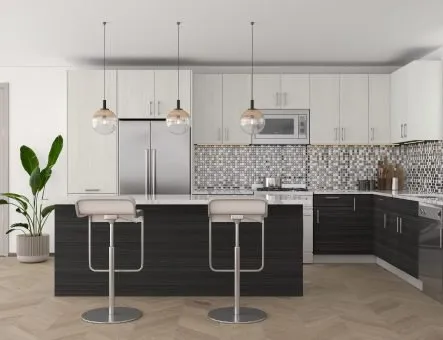 Modern white and dark wood kitchen cabinets Mississauga design with large island, pendant lighting, and mosaic backsplash in a contemporary GTA home.
