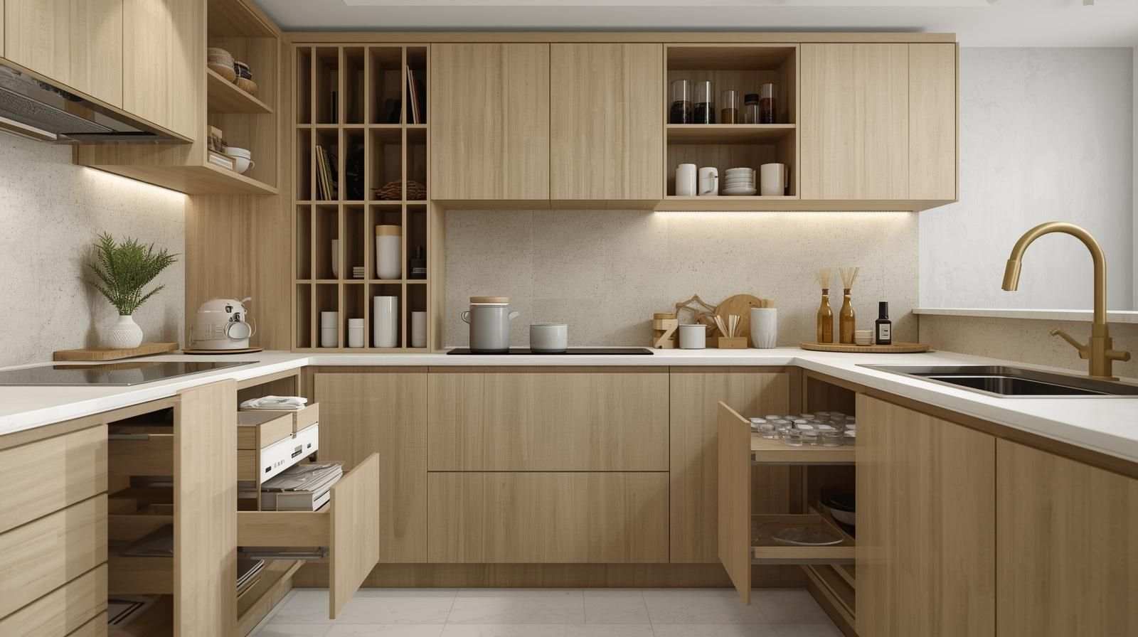 Modern RTA kitchen cabinets with wood finish and pull-out storage