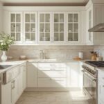 White shaker RTA kitchen cabinets in Toronto with glass upper cabinets