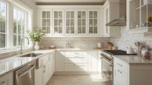 White shaker RTA kitchen cabinets in Toronto with glass upper cabinets
