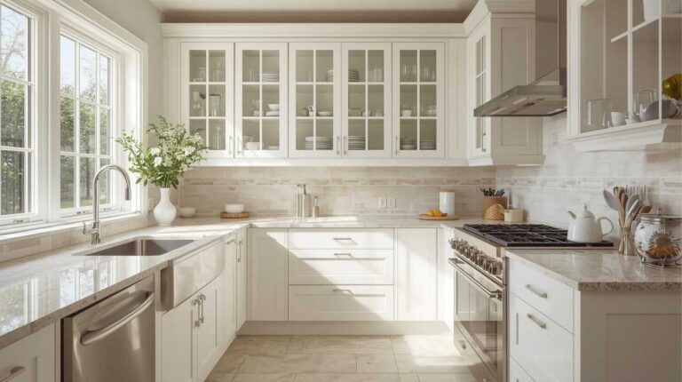 White shaker RTA kitchen cabinets in Toronto with glass upper cabinets