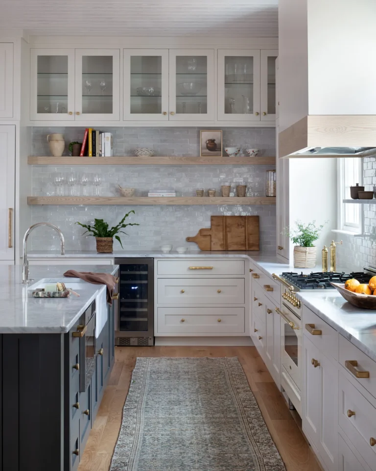 Modern kitchen cabinet upgrades with white shaker cabinets and brass hardware