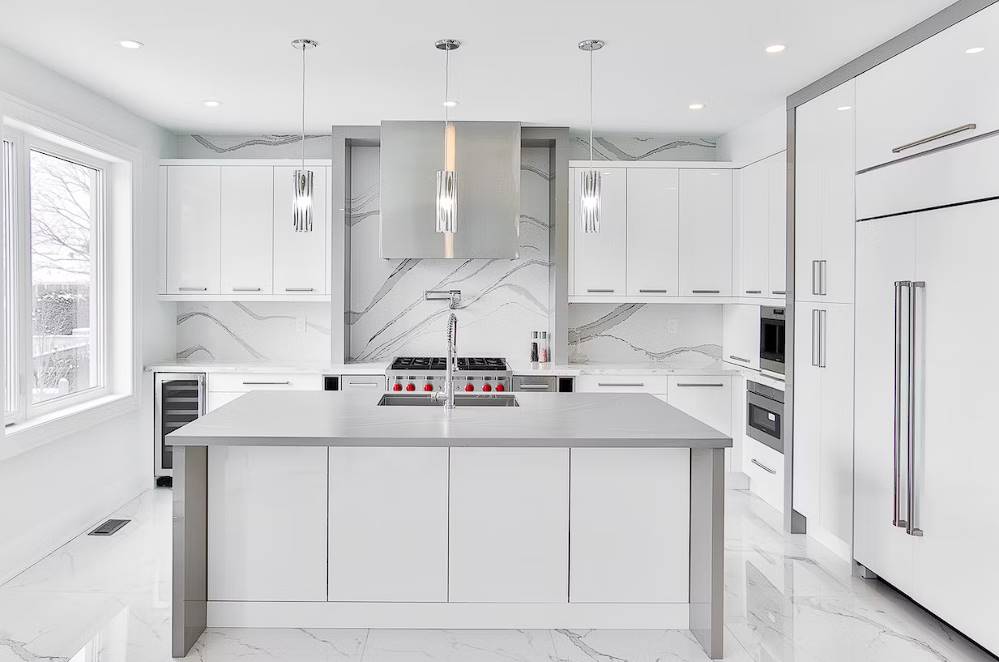 Modern white RTA kitchen cabinets with island in a contemporary home
