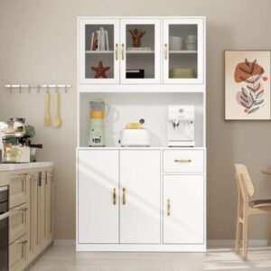 white kitchen pantry cabinet with glass doors and built-in coffee station