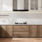 modern kitchen pantry cabinet design with white upper cabinets and wood base cabinets