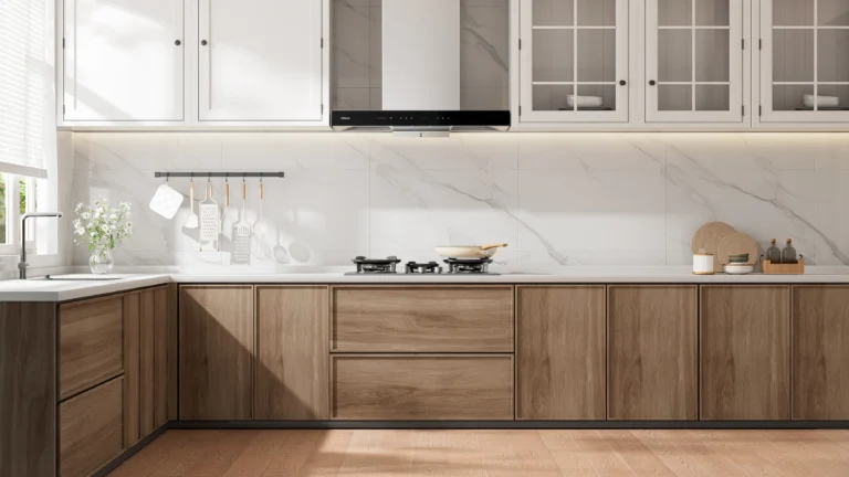 modern kitchen pantry cabinet design with white upper cabinets and wood base cabinets