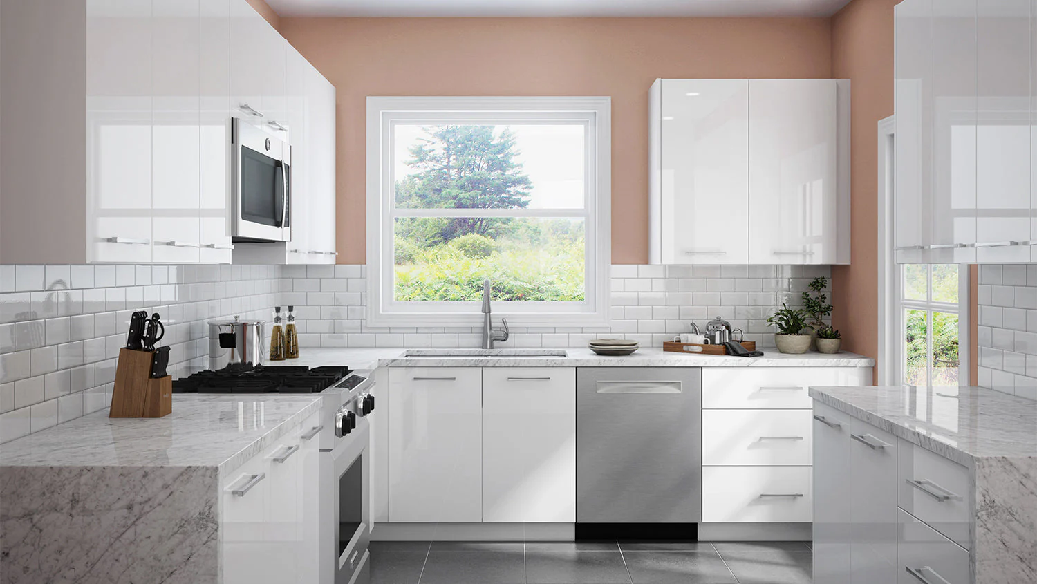 Glossy white cabinet kitchen with high-gloss doors, quartz countertops, subway tile backsplash and stainless appliances