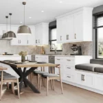 Premium kitchen cabinet solutions in a modern white kitchen with shaker cabinets and built-in bench seating