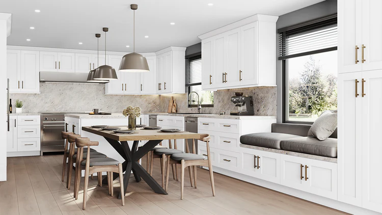 White RTA kitchen cabinets in a modern shaker kitchen with dining area