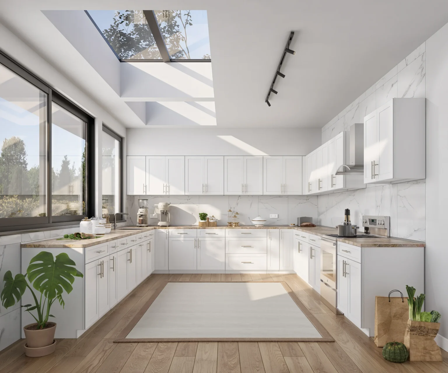 Modern white kitchen cabinets in Brampton with natural light and marble backsplash