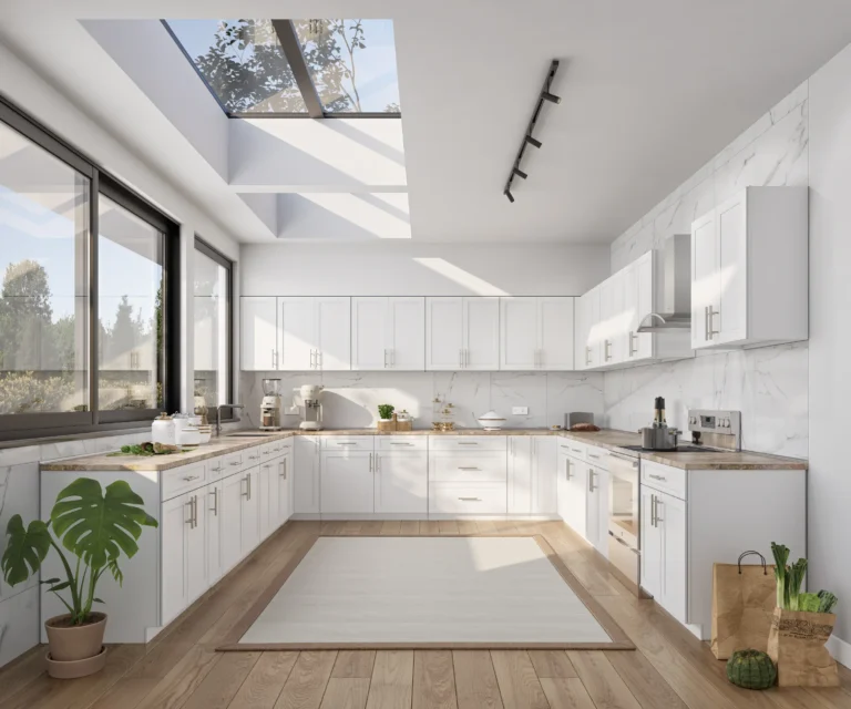 Modern white kitchen cabinets in Brampton with natural light and marble backsplash