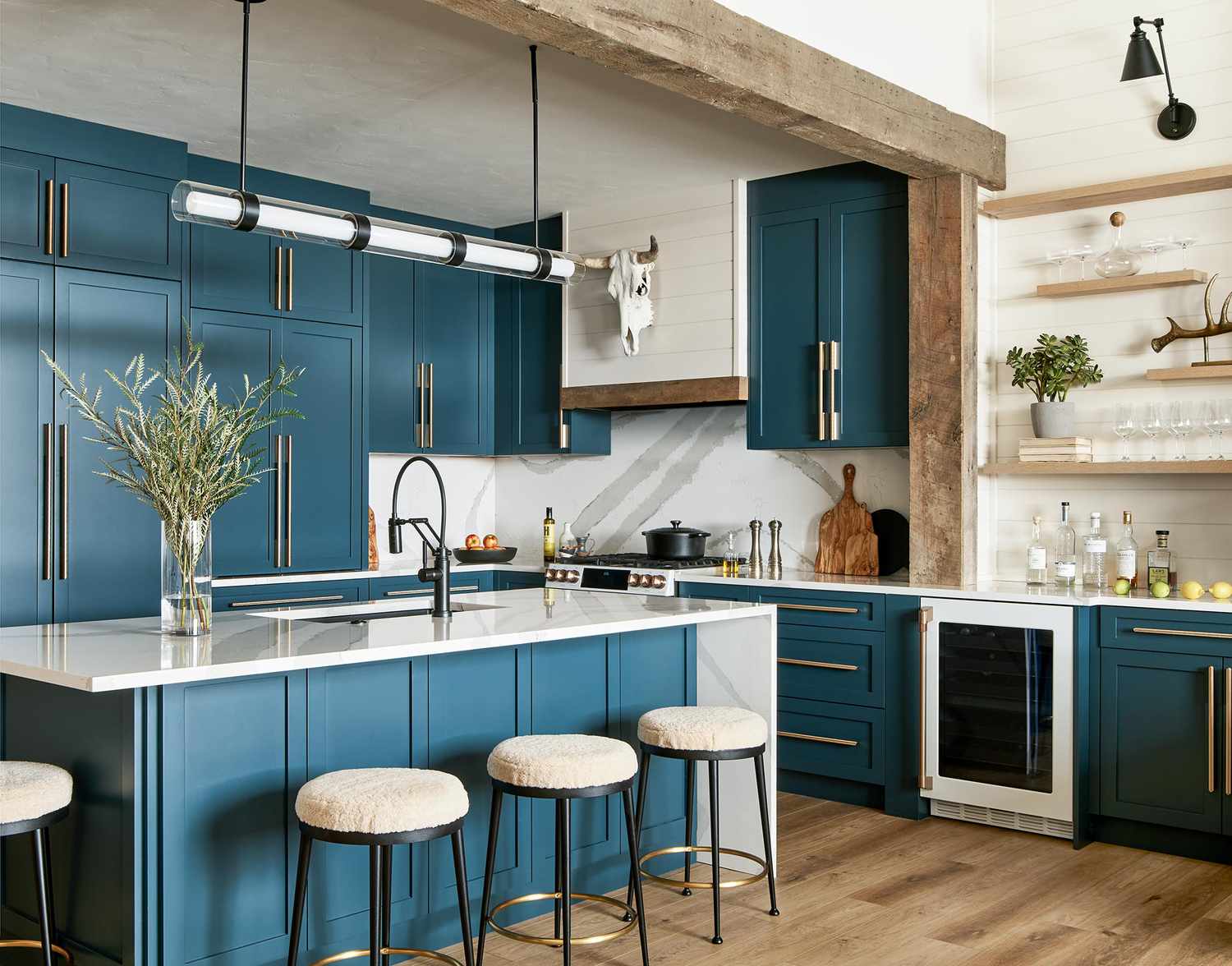 Modern blue RTA kitchen cabinets with white island and shaker cabinet design