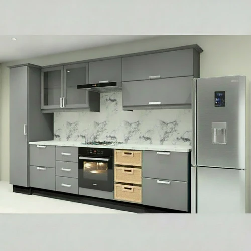 Premium kitchen cabinets in matte grey with modern storage and marble backsplash