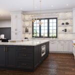 Modern RTA kitchen cabinets with black island and white shaker cabinets