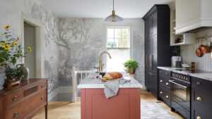 RTA kitchen cabinets in a stylish modern kitchen with black cabinets and a pink island