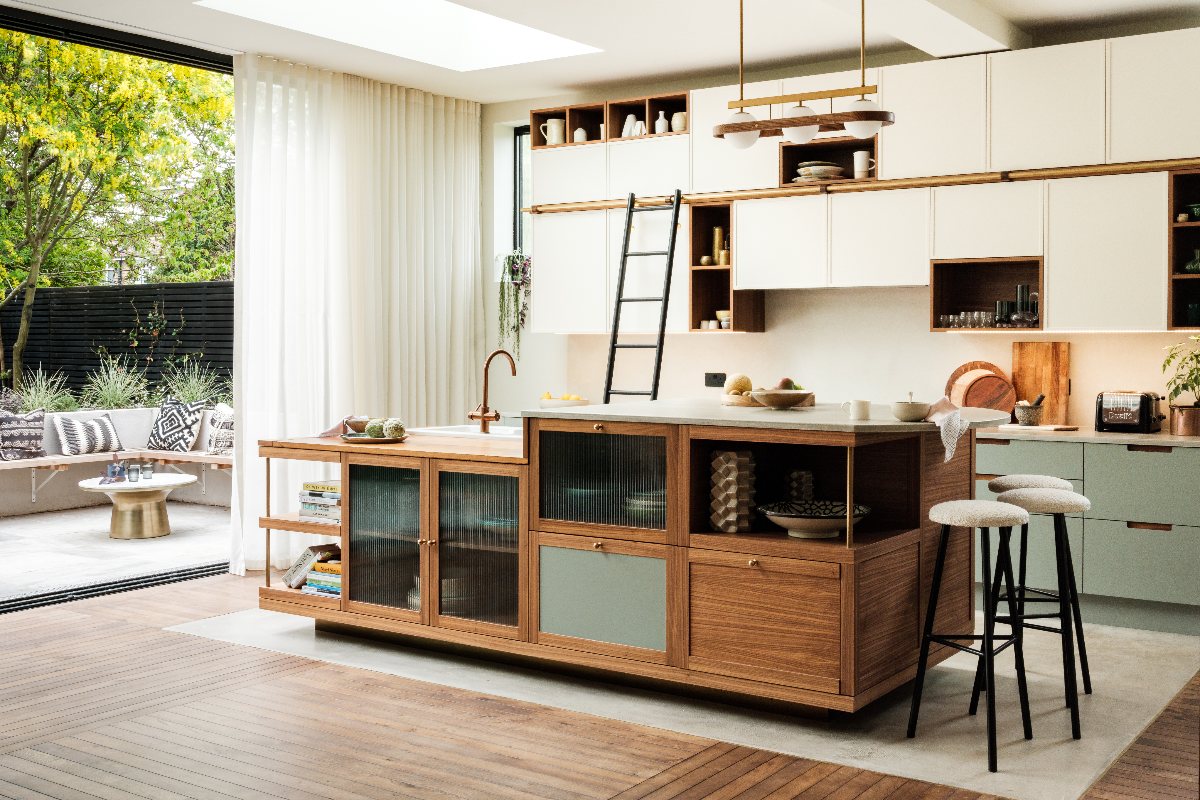 Modern kitchen with island featuring RTA kitchen cabinets in white and walnut finish