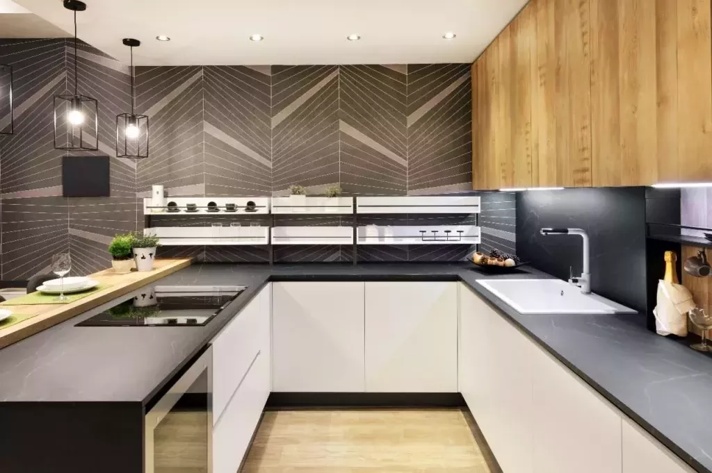Modern L-shaped kitchen with RTA kitchen cabinets, matte white base cabinets, wood upper cabinets, and dark countertops