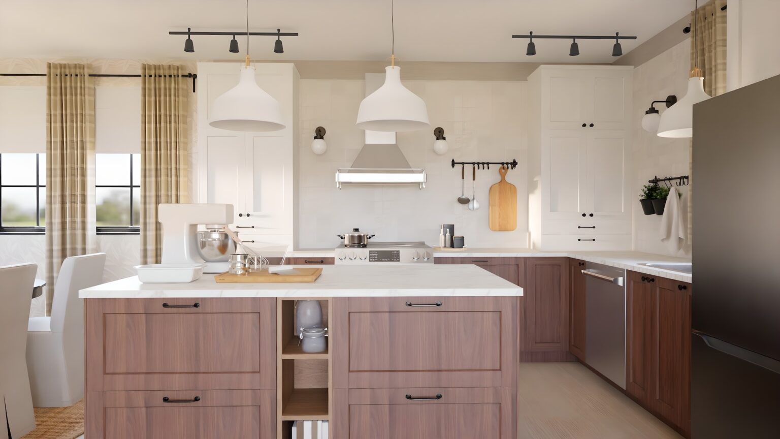 Modern kitchen with IKEA kitchen cabinets, featuring white shaker uppers, warm wood base cabinets, a large island, and matte black hardware.
