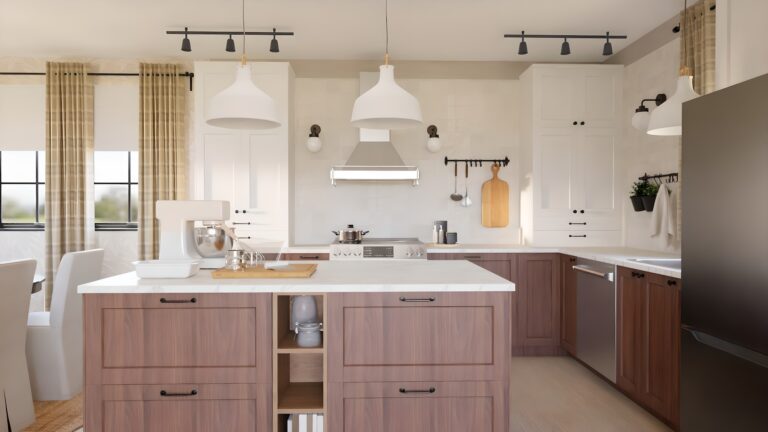 Modern kitchen with IKEA kitchen cabinets, featuring white shaker uppers, warm wood base cabinets, a large island, and matte black hardware.