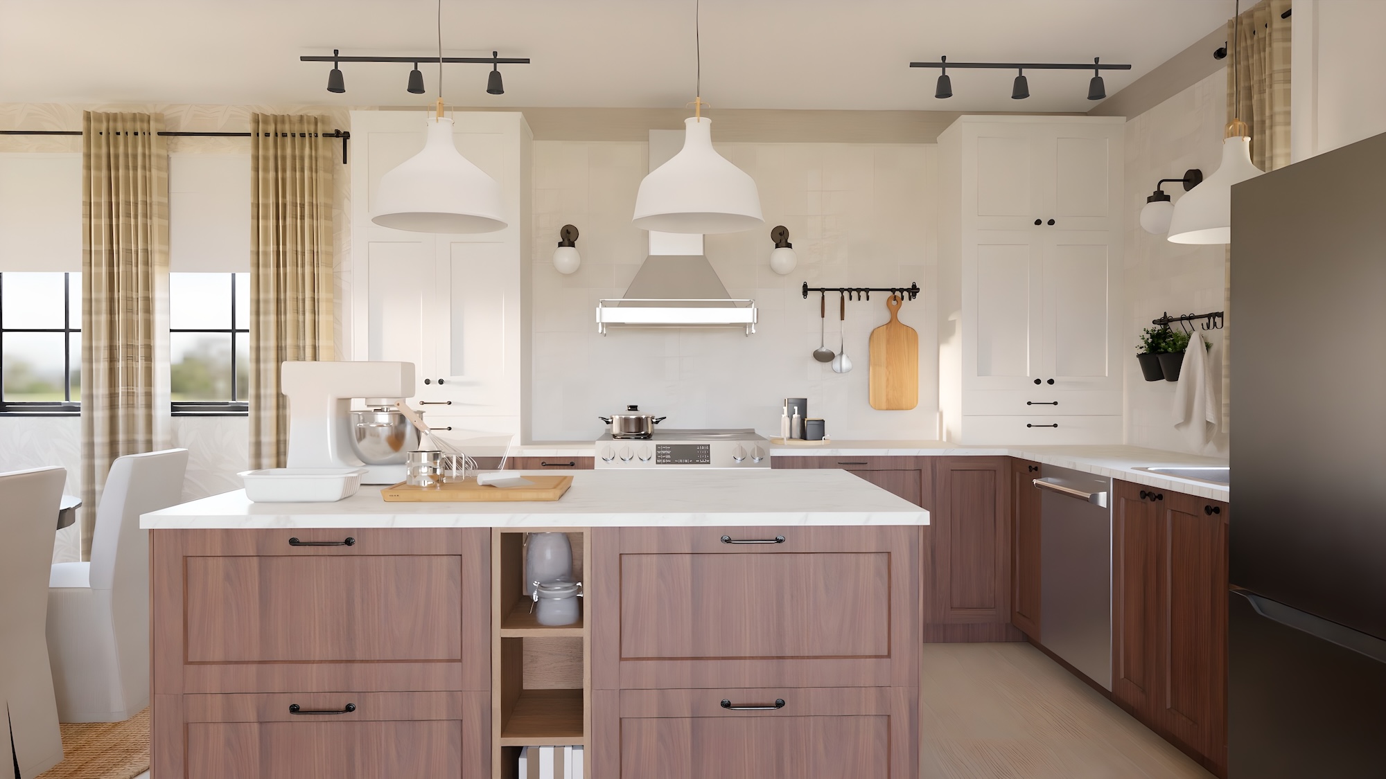 Modern kitchen with IKEA kitchen cabinets, featuring white shaker uppers, warm wood base cabinets, a large island, and matte black hardware.