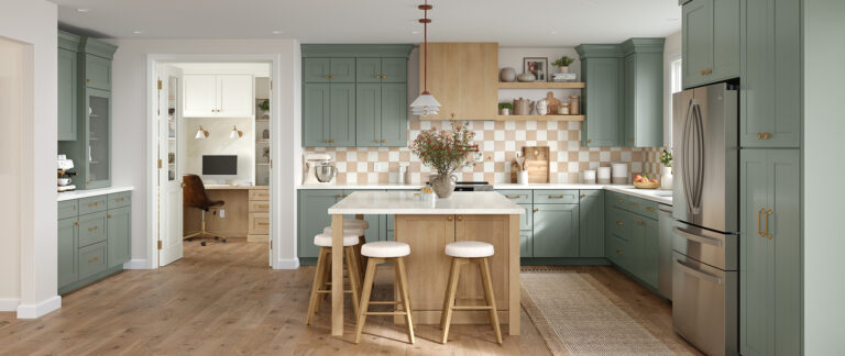 ikea kitchen cabinets in sage green with natural wood island