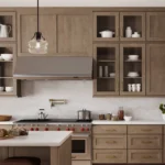 Kitchen cabinet solutions with warm wood cabinets and glass upper doors