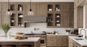 Kitchen cabinet solutions with warm wood cabinets and glass upper doors