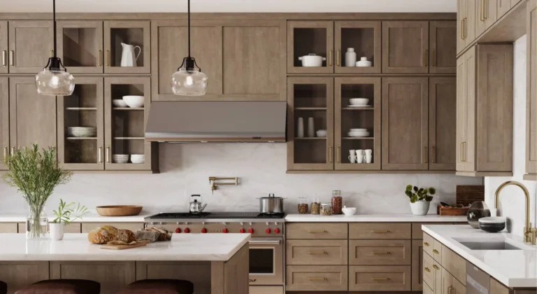 Kitchen cabinet solutions with warm wood cabinets and glass upper doors