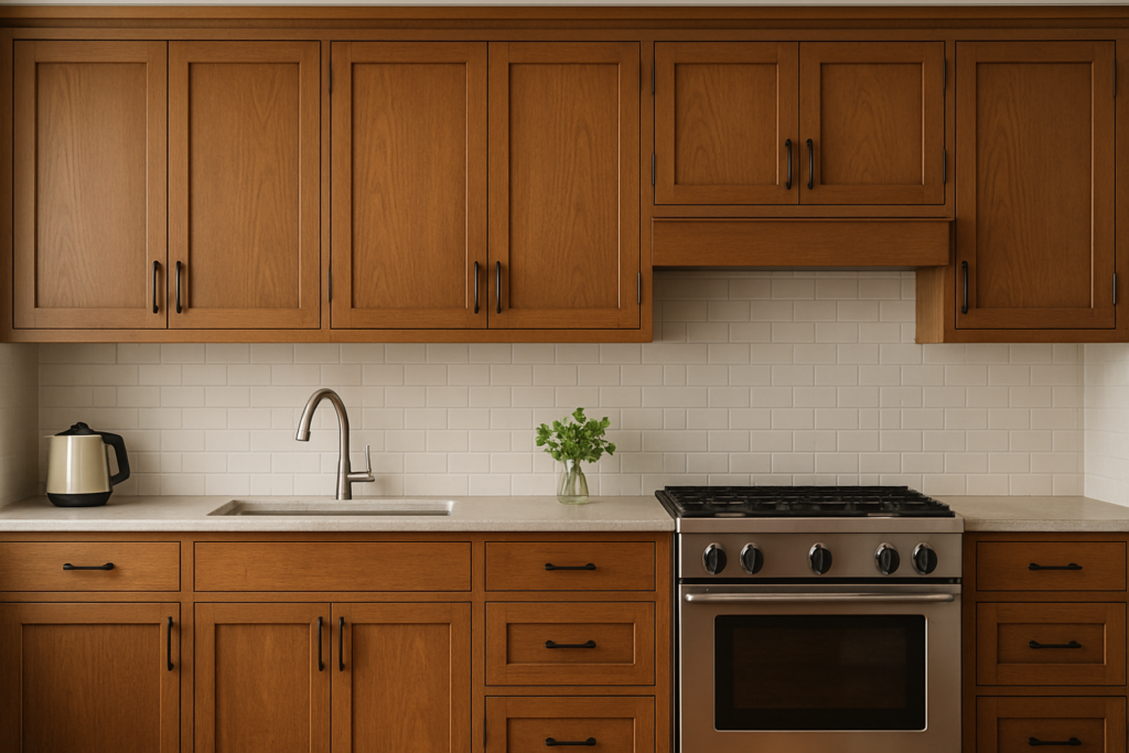 Modern wooden kitchen cabinets with stainless steel stove, sink and white subway tile backsplash