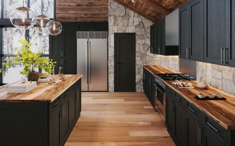 RTA kitchen cabinets in a modern rustic kitchen with dark shaker cabinets
